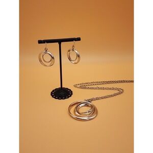 Vtg NRQ Signed Concentric  Hoops Spinning Silver Tone Necklace & Earrings‎ Set